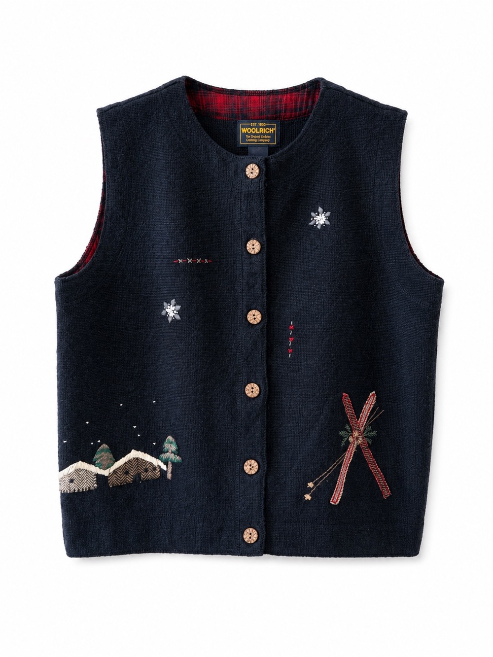 Vintage Woolrich Women’s Embroidered Ramie Cotton Vest – Winter Ski Scene Size M